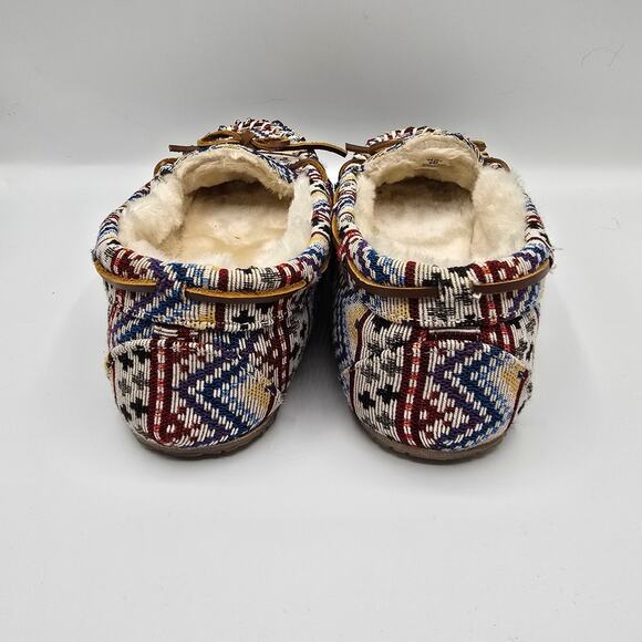 Minnetonka Native American canvas faux fur lining slipper shoes leather bows 9 - Picture 2 of 10
